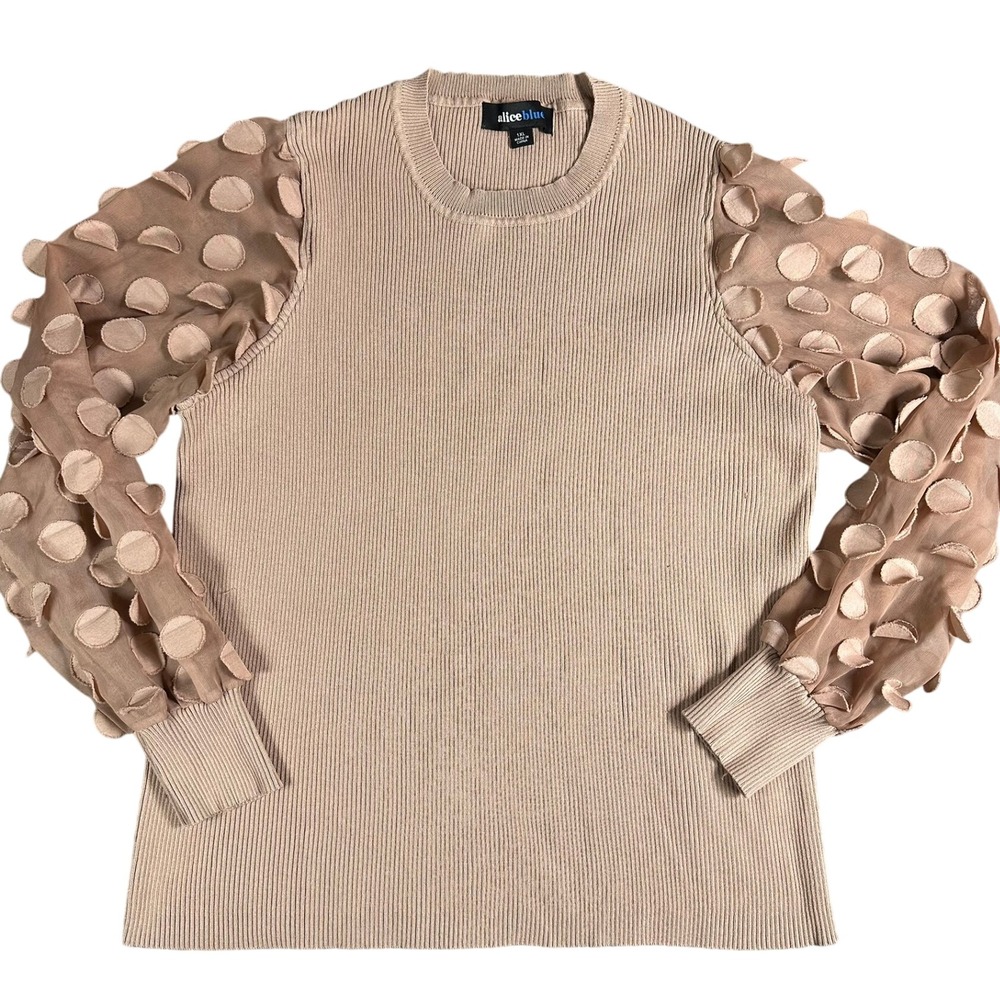 Alice Blue Womens 1XL Ribbed Knit‎ Sweater Sheer 3D Polka Dot Balloon Sleeve Tan